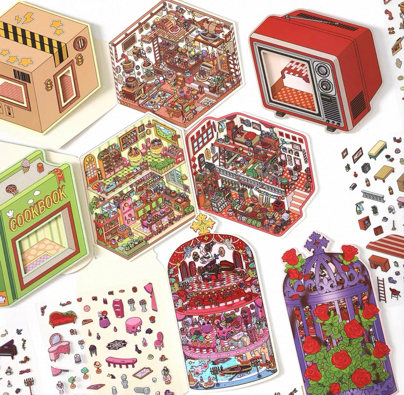 Today's business includes flip-style scenery stickers and miniature scenes